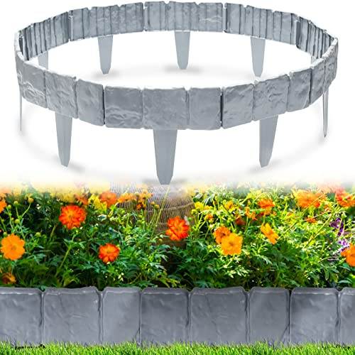 Tubiaz Grau Rasenkante in Steinoptik 22.05M Beetumrandung Mähkante Randsteine 90 Stück aus Kunststoff Beeteinfassung Gartenzaun 1 Element (L x H): 24.5x23cm