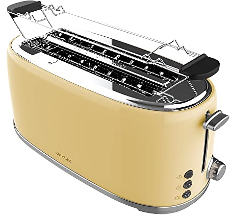 Cecotec Tostadora 4 Rebanadas Toast&Taste 1600 Retro Double Beige. 1630 W, 2 Ranuras Anchas de 3,8 cm y Largas, Acero Inoxidable, Varillas Superiores, Potencia Regulable, Bandeja recogemigas