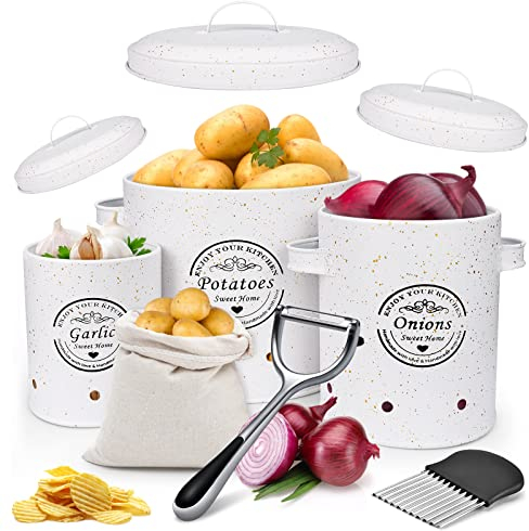 TWBEST Boîte de Rangement pour Pomme de Terre, Oignon et Ail, Lot de 3, Boîte de Conservation avec Couvercle en Bambou, Blanc