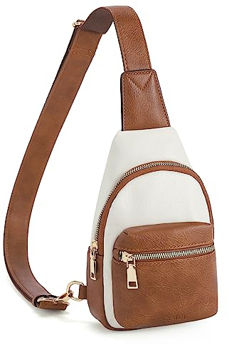 CLUCI Brusttasche Damen Sling Bag, Crossbody Bag damen Klein Umhängetasche diebstahlsicher, Gürteltasche PU Leder, Schultertasche Breiter Gurt für Outdoorsport Reisen Weiß mit Braun