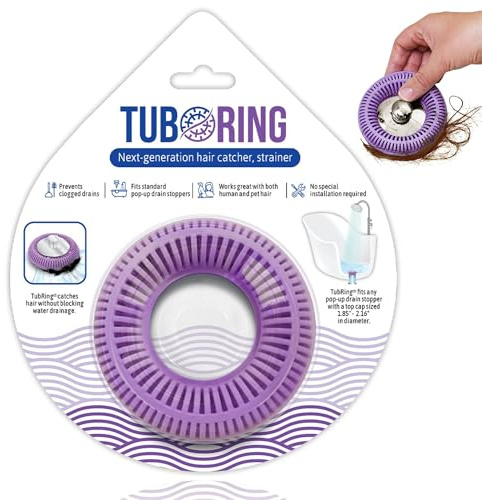 TubRing Pop-Up Drain Protector & Strainer Silicone Hair Catcher, Violet | Easy snap-in design fits around bathtub stoppers. Customizable utility guard for clog prevention. Fits 1.85- 2.16 drains.