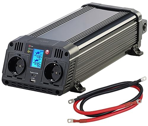 revolt Sinuswechselrichter: 12-V-Wechselrichter auf 230 Volt, USB-A und -C, 1.500 Watt, Sinuswelle (Spannungswandler 12V in 230V, Wechselrichter Kfz, Apple iPhone Ladekabel)