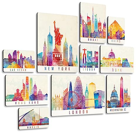 Giallobus - Set 10 Quadri Multi Pannello - Città - Colorful City - Legno MDF - | 2 x 42x29,7cm | 4 x 29,7x21cm | 4 x 21x14,85cm | - Pronti da Appendere - Quadri Moderni per la casa