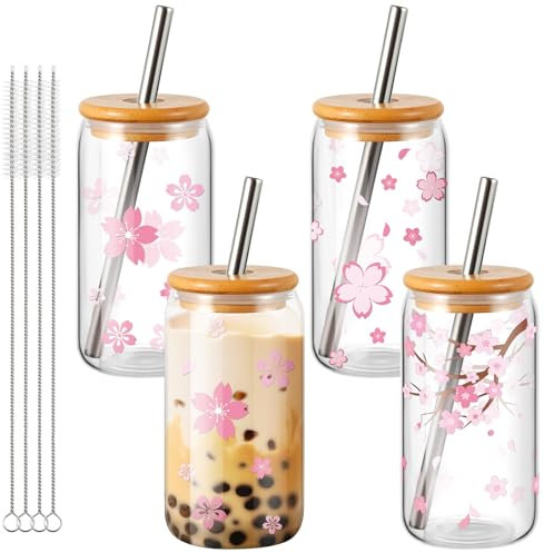 Zhehao 4 Pcs Sakura Bubble Tea Cups 16oz Iced Coffee Mugs Mason Jar with Lid and Straw Kawaii Cute Glass Cups Tea Tumbler with Wide Sakura Design Reusable for Women Birthday Graduation Gift
