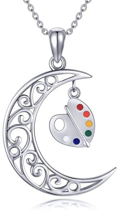 URONE Artist Paint Palette and Brush Necklace Sterling Silver Paint Palette Celtic Moon Pendant Necklace Painters Art Teachers Jewellery Gifts for Women