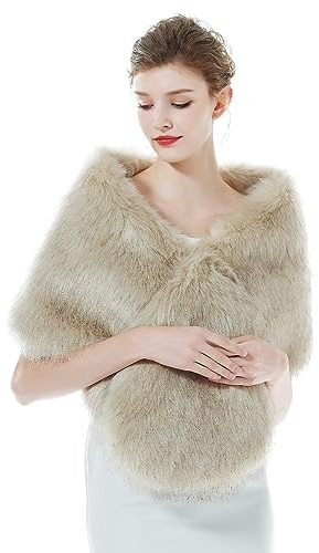 BEAUTELICATE Kunstpelz Stola Schal Damen Pelz Brautschal Brautstola Wrap Schwarz Elfenbein für Braut Winter Hochzeit Festival Weihnachten (Langes Fell - Beige)