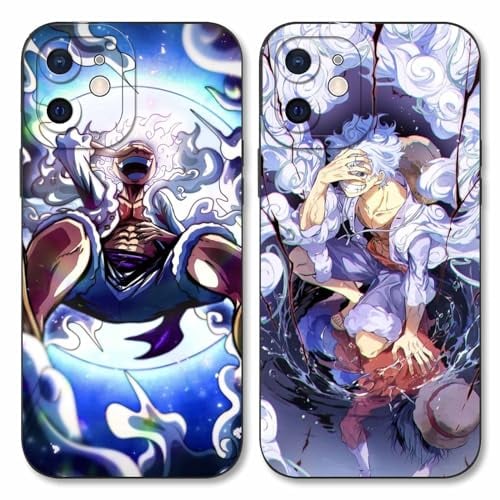 2 Pieces Animated Case for Apple iPhone 12 mini 5.4'', Anime with One Piece Luffy Gear 5 Nika Zoro Pattern Design Case Anti-Shock Lens Protectors Soft Black TPU Case Covers, 01