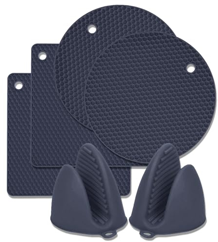 Pantelej Silikon Topfuntersetzer Set 2 runde und 2 quadratische Untersetzer dazu 2 Minitopfhandschuhe, hitzebeständig, rutschfest und flexibel Topflappen aus hochwertigem Silikon (Dunkelgrau)