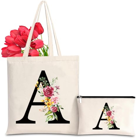 Baumwolltasche personalisiert mit Namen, Frauen Initialen Leinwand Geschenk Tragetasche und Kosmetiktasche für Damen Freundin Mama Schwestern Ehefrau Geburtstag, Valentinstag, Muttertag Tasche(A)