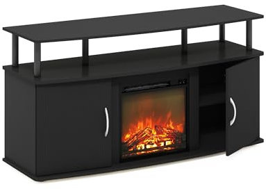 Furinno Jensen Living Room Fireplace TV Entertainment Center with Doors Storage Cabinet for TV up to 55 Inch, Americano/Black
