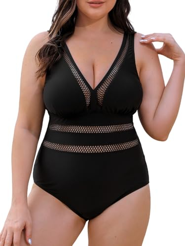 CUPSHE Damen Große Größen Badeanzug V Ausschnitt Netzstoff Zierausschnitte Bauchkontrolle Einteilige Curvy Bademode Plus Size Swimsuit Schwarz 1X=XL