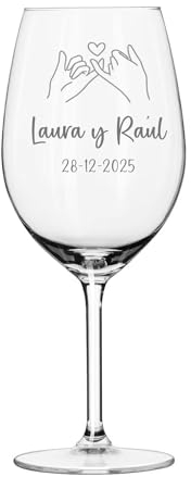 Copa de Vino Personalizada - Copa de Cristal Grabada para Vino con el Nombre o Texto que quieras - Copa cristal (1, Manos corazon)