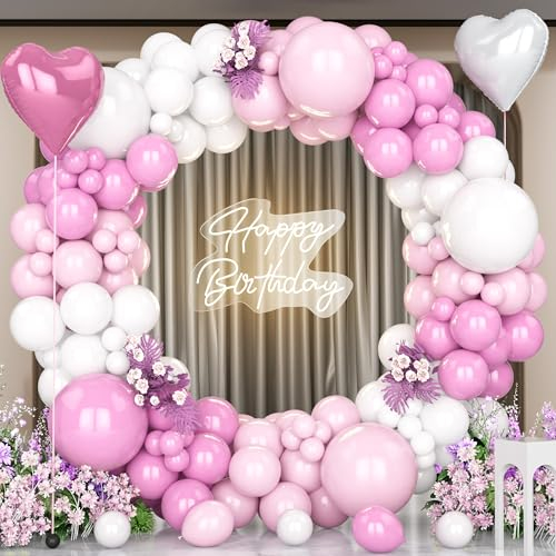 Unisun Kit Arco Palloncini Rosa Bianchi, 147 Pezzi Ghirlanda Palloncini Rosa Pastello con Palloncini Foil a Cuore per Festa Compleanno Deco Matrimonio Anniversario Baby Shower Proposta Fidanzamento