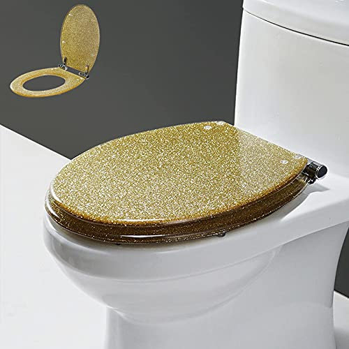 Toilet Seat,Sparkly Resin Toilet Seat, Elongated Toilet Seat, Thicken Toilet Seat, Slow Close Bathroom Toilet Lid, with Stainless Steel Hinge, Easy to Clean & Install,Gold (Size : Gold)