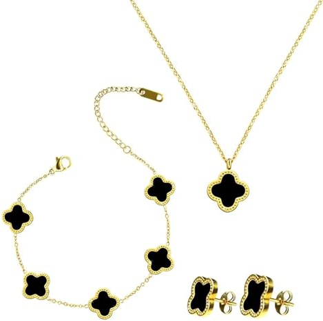Simllyda Vierblättriges Kleeblatt Schmuckset, 18K Vergoldet Vierblättriges Kleeblatt Halskette Ohrringe Armband, Vierblättriges Glücksklee Schmuckset für Damen und Mädchen (Schwarz)