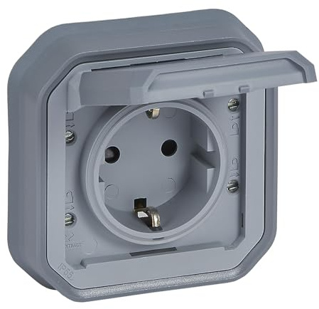 LEGRAND, Plexo New Aufsatz für Feuchtraum-Steckdose, Schuko-Standard, inklusive Klappdeckel, Berührungsschutz, Installation mit Schraubklemmen, 16 Ampere, 250 Volt, IP44 - IK07, Farbe: Grau, 069833L
