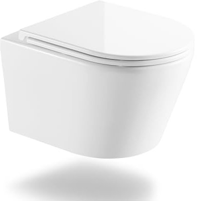 CLEANMAN Spülrandloses Hänge-WC, Wand-Toilette, Hänge-WC aus Keramik mit Slim-WC-Sitz Absenkautomatik, Tiefspül-WC,Weiß B: 360 H: 370 T: 500 mm
