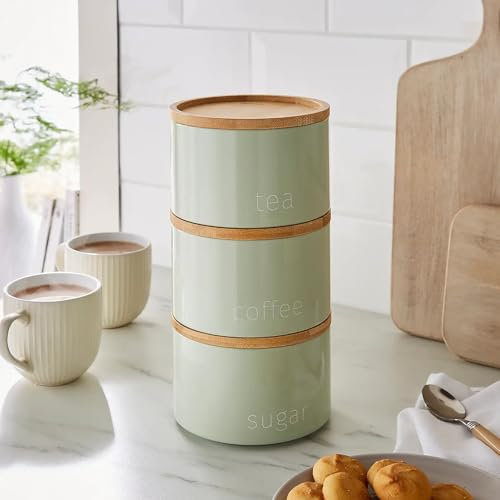 New 3 Pieces Jar with Wooden Lid Tea Coffee Sugar Stackable Canister Storage Container Bowl Pots Kitchen Storage Tins (Sage)