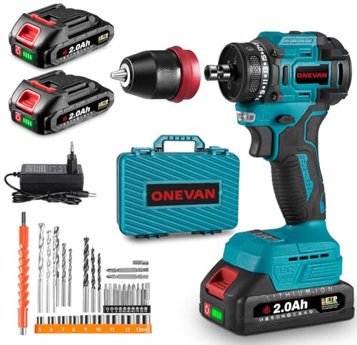 ONEVAN perceuse visseuse sans fil, 80nm visseuse devisseuse sans fil brushless avec 2x2,0Ah Batteries, 24+1 réglages de couple, 31 accessoires, 20v perceuse-visseuse avec coffret pour Bricolage