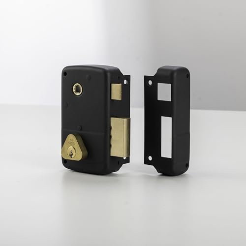 CISA - Serrure de porte en bois à appliquer 15021145196 - Serrure de porte extérieure verticale en acier peint noir avec cylindre et tige en laiton - Entrée 45 - Main Droite