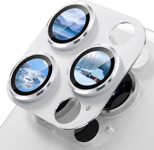 imluckies Protection Objectif Caméra Arrière pour iPhone 16 Pro / 16 Pro Max & iPhone 14 Pro / 14 Pro Max, Verre Trempé AR+AF & Alliage Métallique, Ultra HD Anti-Rayures Protection, Argent