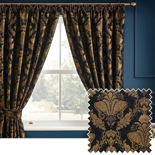 Paoletti Shiraz Traditional Jacquard Pencil Pleat Curtains, Black