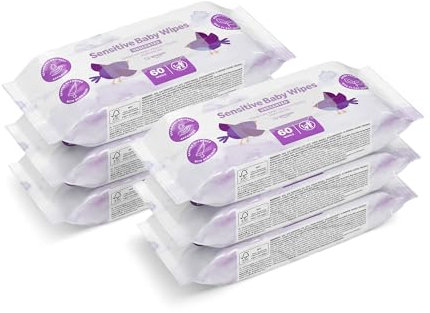 by Amazon Sensitive Baby Feuchttücher, Hergestellt aus 100 % pflanzlichen Fasern, 360 Tücher, 6er Pack (6 x 60 Stück)