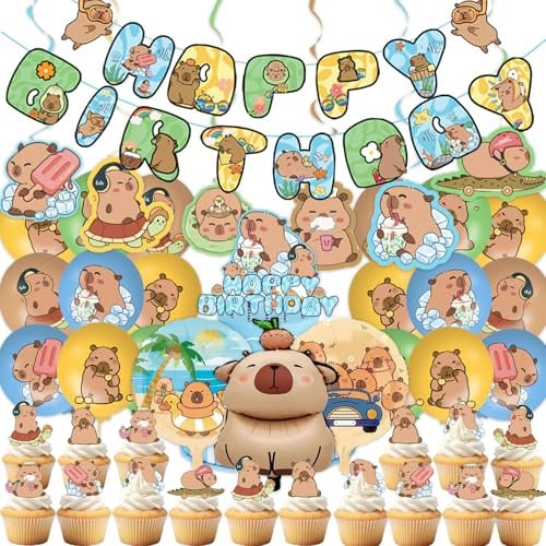 54Stk Capybara Party Dekoration Kit, Kinder Capybara Geburtstag Zubehör, Aquaman Party Dekorationen einschließlich alles Gute zum Geburtstag Banner, Spirale, Cake Topper, Ballons