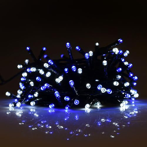 Partenopea serie stringa catena luminosa di luci 500 LED per albero di Natale da Esterno natalizie ed Interno controller con 8 giochi di luce e Memoria cavo verde (Blu + Bianco freddo, 25mt)