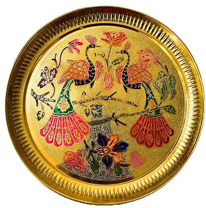 Aditri Creation Decorative Peacock Brass Thali Plate Brass Thali Prasad Plate for Pooja Utensils Indian Traditional Navratri Festival Housewarming Decorations and Home Decor(Size:- 5)(Golden)
