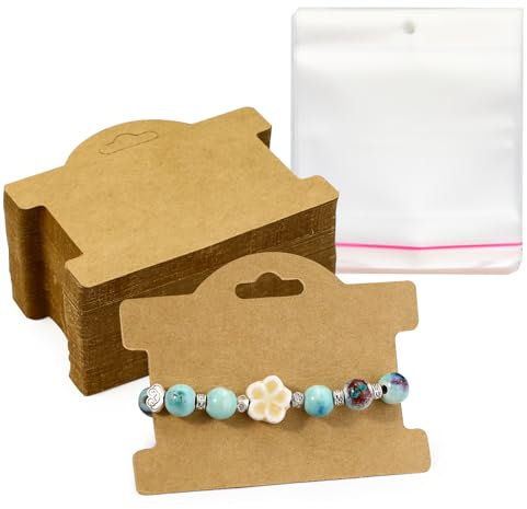 Fatiya Armband-Display-Karten mit Taschen, 9,7 x 7,4 cm, hängende Schmuckkarten zum Verkauf, Mehrzweck-Armband-Kartenhalter, Verpackung für kleine Unternehmen, Halsketten, Ohrringe, Braun, 100 Stück