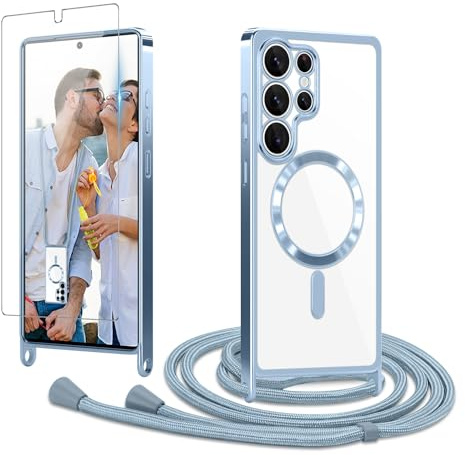 Ethanger für Samsung Galaxy S25 Ultra Hülle mit Band + 1 Schutzfolie, Blau | Handyband Transparent Silikon Handyhülle, Magnetische Schutzhülle Case zum Umhängen Kordel