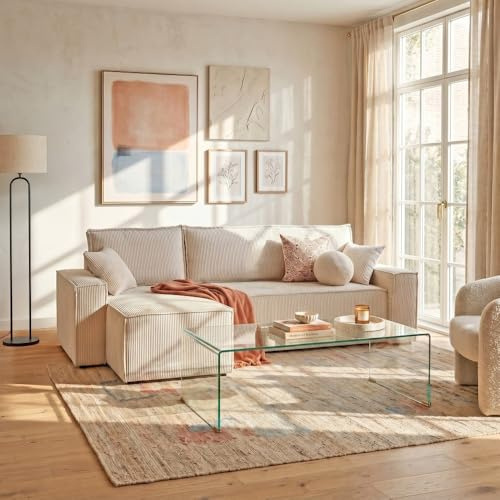 WEBER INDUSTRIES Ecksofa, ausziehbar und wendbar, mit Truhe Elise, aus Cord/Beige