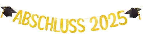 BETESSIN Graduation 2025 Deko Gold - Abschluss 2025 Girlande mit Absolventenhut Motiv - Bachelor Geschenk - Bestandene Prüfung Geschenk - Abschluss Deko für Abitur, Bachelor & Master Abschlussfeiern