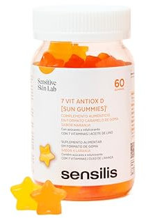 Sensilis - Sun Gummies, Complemento Alimenticio, Fortañece la Piel Frente al Daño Oxidativo Causado por la Exposición Solar, con 7 Vitaminas, Sabor Naranja, Sin Gluten Ni Lactosa - 60 Gummies
