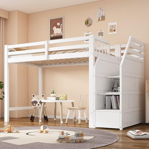 NovaFurnish Hochbett, 90x200cm, Bett mit Lattenrost (ohne Matratze), Geländer, Verstaubare Stufen, Freier Raum zum Verkleiden nach Belieben, EN747 Zertifiziert,Weiß