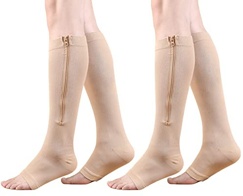 HYCOPROT Chaussettes de Compression Médicale à Glissière 15-20 mmHg 2 Paires Bas de Contention Ouvert pour Femmes et Hommes Soutien Varices Course Pied Grossesse Infirmières Voyages