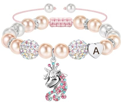 RMMD Einhorn Geschenke Einschulung für Mädchen - Herz Anhänger Armband mit Buchstaben Rosa Perlen & Strass Geburtstagsgeschenk Einschulung Geschenke für Mädchen Tochter Kinder Schmuck 5-16 Jahre