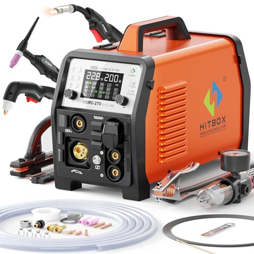 HITBOX Multifunctional Welder Plasma Cutter Combo, 200A 240V Aluminum Pulse MIG/Gas/Flux Core MIG/HF TIG/ 40A Plasma Cutter/Stick/Spot with 2T/4T, Synergy, Large Digital Display