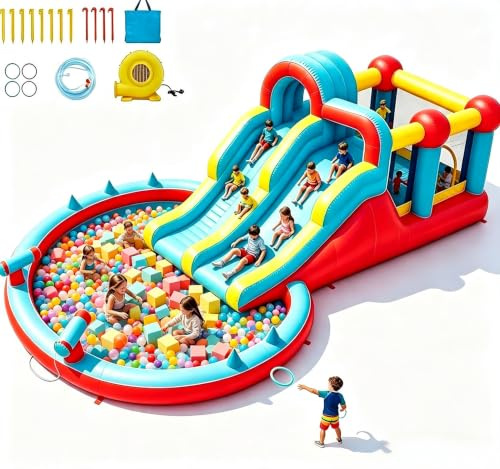 Bouncy Castle with Water Slide, 8 in 1 Inflatable Water Park, Large Paddling Pool with Slide, Splash Pool, Water Cannon, Kids Inflatable Bounce House with Blower Storage Bag, 711×314×220 CM
