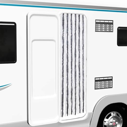Rideau moustiquaire gris blanc 56 x 185 cm chenille, rideau imperméable pour camping-car, moustiquaire amovible en chenille polypropylène, silencieux et sûr
