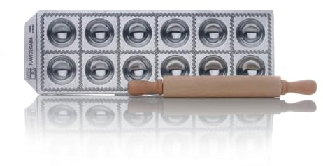 RISOLI' | RAVIOLCASA, Stampo per Ravioli per Realizzare 12 Ravioli, in Alluminio Pressofuso Riciclato, Incluso Mattarello in Legno, Made in Italy