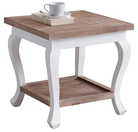 Loberon Couchtisch Riverside, Long-Island-Stil, Naturbelassene Ablagen, Elegant Geschwungene Tischbeine, Zweifarbiges Design, Sofatisch, Beitselltisch, Mangoholz, braun/antikweiß