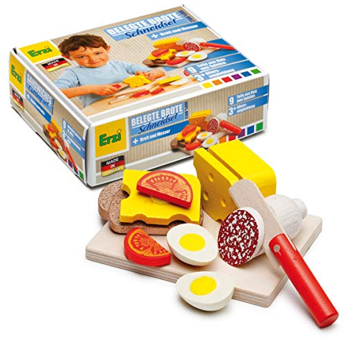 Erzi 28205 Schneidset Belegte Brote aus Holz, Kaufladenartikel für Kinder, Rollenspiele