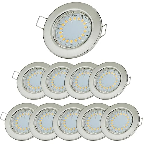 Sweet Led Einbaustrahler GU10-230V Einbauspots – 55mm Einbauleuchten, 5W Warmweiß 3000K, Deckenspots Chrom Gebürstet, Deckenstrahler, LED Spots 10er Set