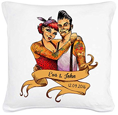 ilka parey wandtattoo-welt® Kissen Rockabilly Pärchen mit Wunschnamen und Datum inklusive Füllung ks06