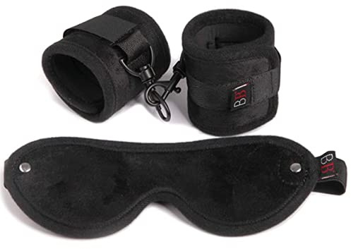 Lovehoney Bondage Boutique Temptation Soft Bondage Kit - Faux Fur Blindfold & Quick Release Handcuffs - 2 Piece Set - Black | Includes a Faux Fur Blindfold & Quick Release Handcuffs for Intimate Couples Play