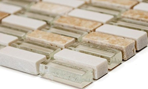 Baguettes de mosaïque de pierres et de pierres - Mélange de pierres et de verre - Beige - Format : 10,5 x 11 x 8,5 mm - Dimensions de la feuille : 313 x 318 mm - 1 feuille/mat