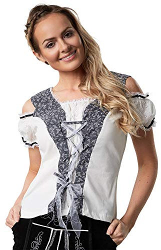 dressforfun Dirndl Bluse Damen, Dirndlbluse weiß mit Blumenmuster Einsätzen, Trachtenbluse Damen, Trachtenmieder Schnürung, Damen Bluse Spitze, Trachtenshirt Damen, Trachtenhemd - (L | Nr. 303172)