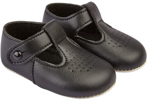 EARLY DAYS Baypods, Baby Shoes for Boys & Girls, Soft Soled Pre Walker Shoes, Soft Faux Leather Baby Boys & Baby Girls Shoes, B625 T Bar Style Shoe with Hole Punch, Made in England, Black, 0 UK Child